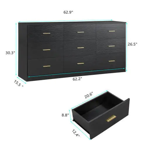 Engineering Wood Black 9-drawer Bedroom Vanity