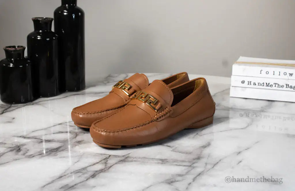 Versace Warm Brown Leather Gold Greek Key Driver Loafers