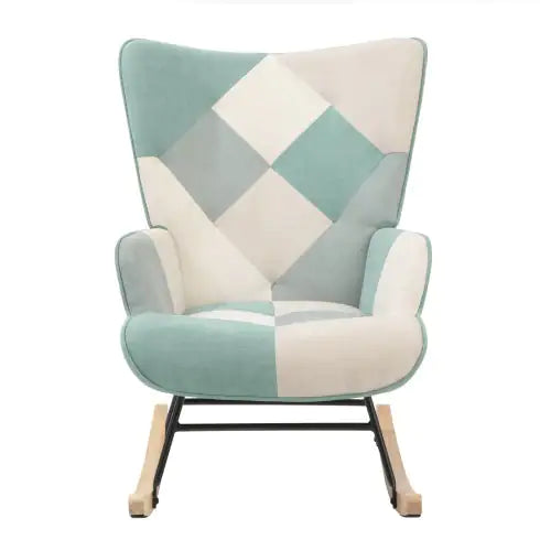 Accent Rocking Chair, Mid Century Fabric Rocker Chair With Wood Legs And Patchwork Linen For Livingroom Bedroom