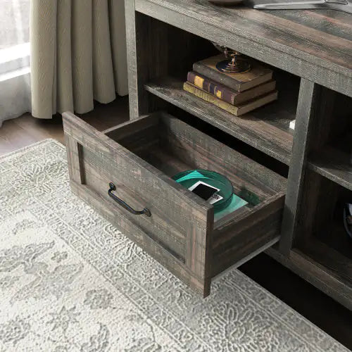 70 Inch Length TV Stand For Living Room And Bedroom, With 2 Drawers And 4 High-Capacity Storage Compartment, Black Pine