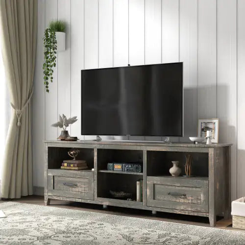 70 Inch Length TV Stand For Living Room And Bedroom, With 2 Drawers And 4 High-Capacity Storage Compartment, Black Pine