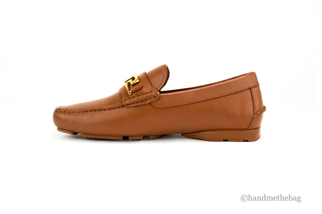 Versace Warm Brown Leather Gold Greek Key Driver Loafers