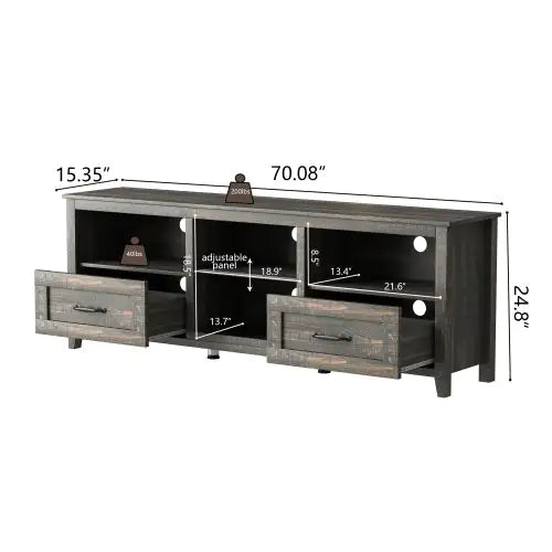 70 Inch Length TV Stand For Living Room And Bedroom, With 2 Drawers And 4 High-Capacity Storage Compartment, Black Pine