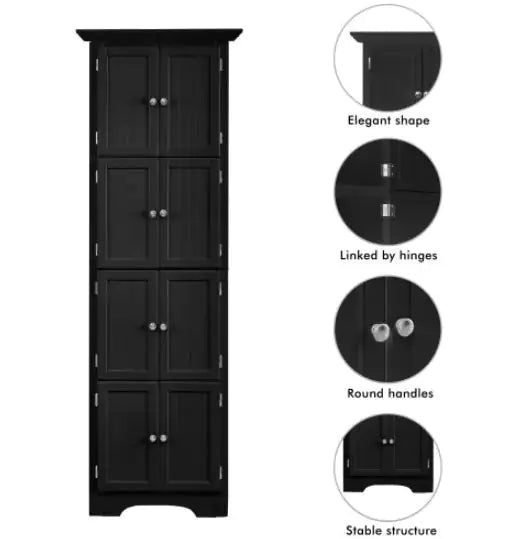 High Storage Cabinet With Door And 4 Shelves For Living Room, Kitchen, Office, Bedroom, Bathroom, Modern, Black