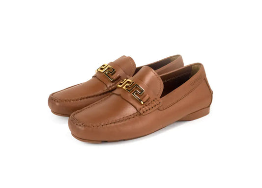 Versace Warm Brown Leather Gold Greek Key Driver Loafers