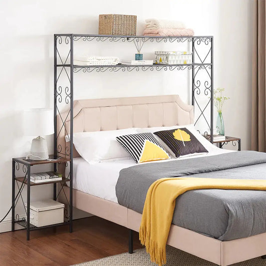 Queen Size Metal Storage Headboard,with Charging Stations,2 Nightstands And Storage Shelves,for Bedroom