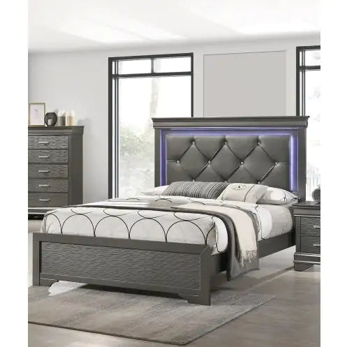 Dark Gray Faux Leather Tufted Headboard 1pc Queen Size Bed W LED Bedroom Furniture Gray Unique Texture FB Solid Wood