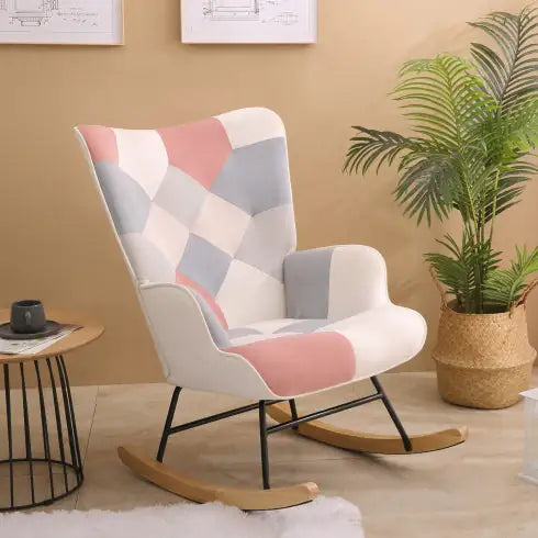 Accent Rocking Chair, Mid Century Fabric Rocker Chair With Wood Legs And Patchwork Linen For Livingroom Bedroom