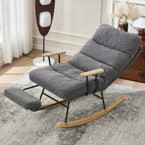 Modern Teddy Gliding Rocking Chair With High Back, Retractable Footrest, And Adjustable Back Angle For Nursery, Living Room, And Bedroom, Gray