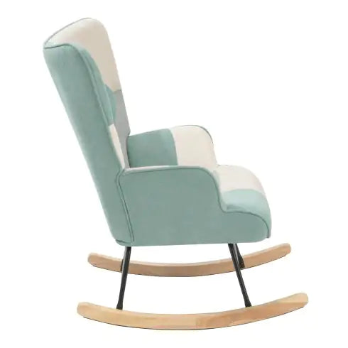 Accent Rocking Chair, Mid Century Fabric Rocker Chair With Wood Legs And Patchwork Linen For Livingroom Bedroom