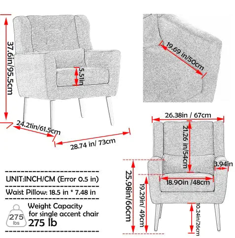 Comfortable Upholstered Lounge Chair, Small Space, Bedroom, With Pillows, Solid Wood Legs