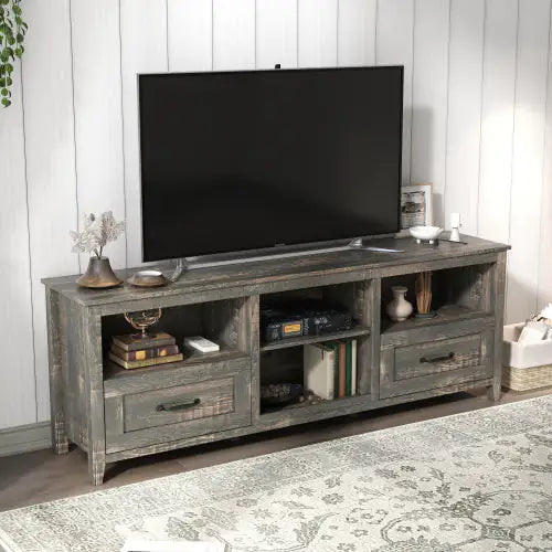 70 Inch Length TV Stand For Living Room And Bedroom, With 2 Drawers And 4 High-Capacity Storage Compartment, Black Pine