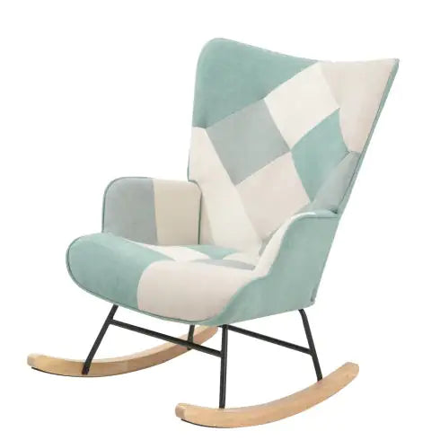 Accent Rocking Chair, Mid Century Fabric Rocker Chair With Wood Legs And Patchwork Linen For Livingroom Bedroom