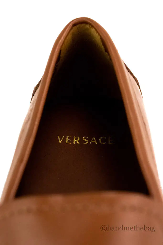 Versace Warm Brown Leather Gold Greek Key Driver Loafers