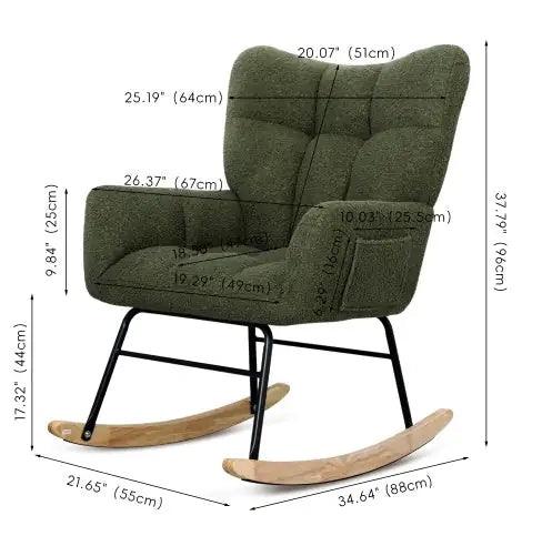 Teddy Fabric Rocking Chair, Modern Rocking Accent Chair For Nursery, Living Room, Bedroom, Deep Green