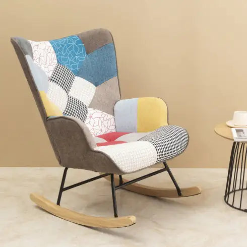 Accent Rocking Chair, Mid Century Fabric Rocker Chair With Wood Legs And Patchwork Linen For Livingroom Bedroom