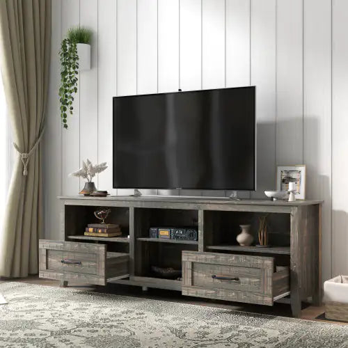 70 Inch Length TV Stand For Living Room And Bedroom, With 2 Drawers And 4 High-Capacity Storage Compartment, Black Pine