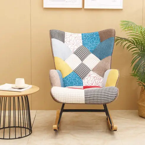 Accent Rocking Chair, Mid Century Fabric Rocker Chair With Wood Legs And Patchwork Linen For Livingroom Bedroom