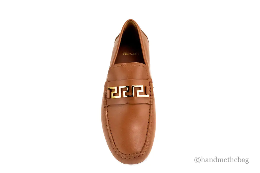 Versace Warm Brown Leather Gold Greek Key Driver Loafers